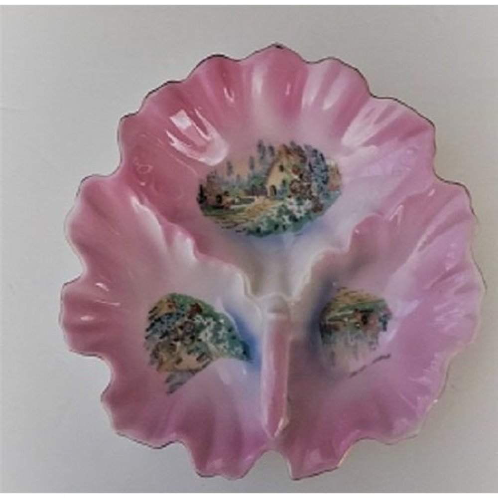 Clamshell Candy Dish handle TA Japan Vintage 7.5" with handle Divided Porcelain